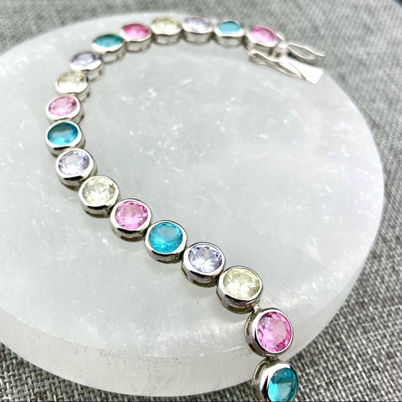 Sterling Silver Rock Candy Crystal Tennis Bracelet Pastel Colorful Bright - Picture 9 of 9